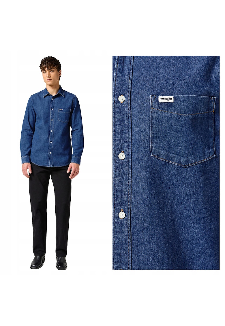 Camasa Barbati - 1PKT Shirt - Regular Fit - Design Clasic - Maneci Lungi - Cu Guler - Cu Nasturi - Bumbac - M INTL - Albastru