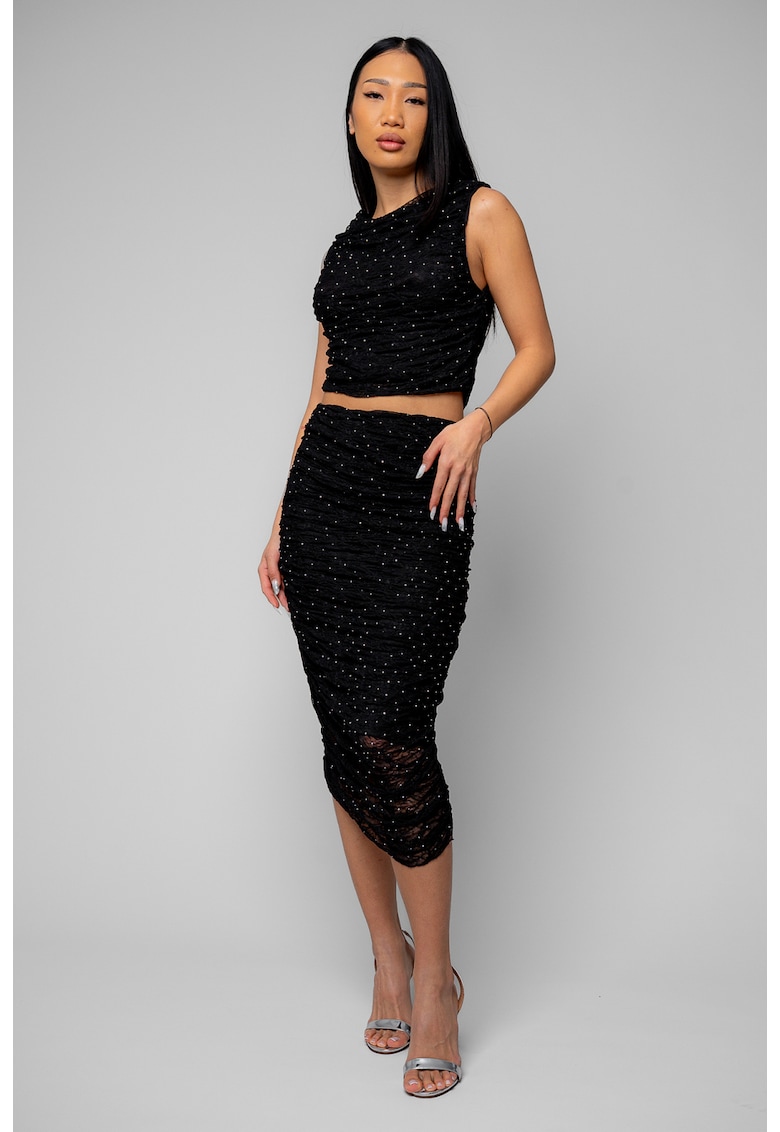 Set Top scurt si fusta midi cu strasuri Black 20408 - Negru