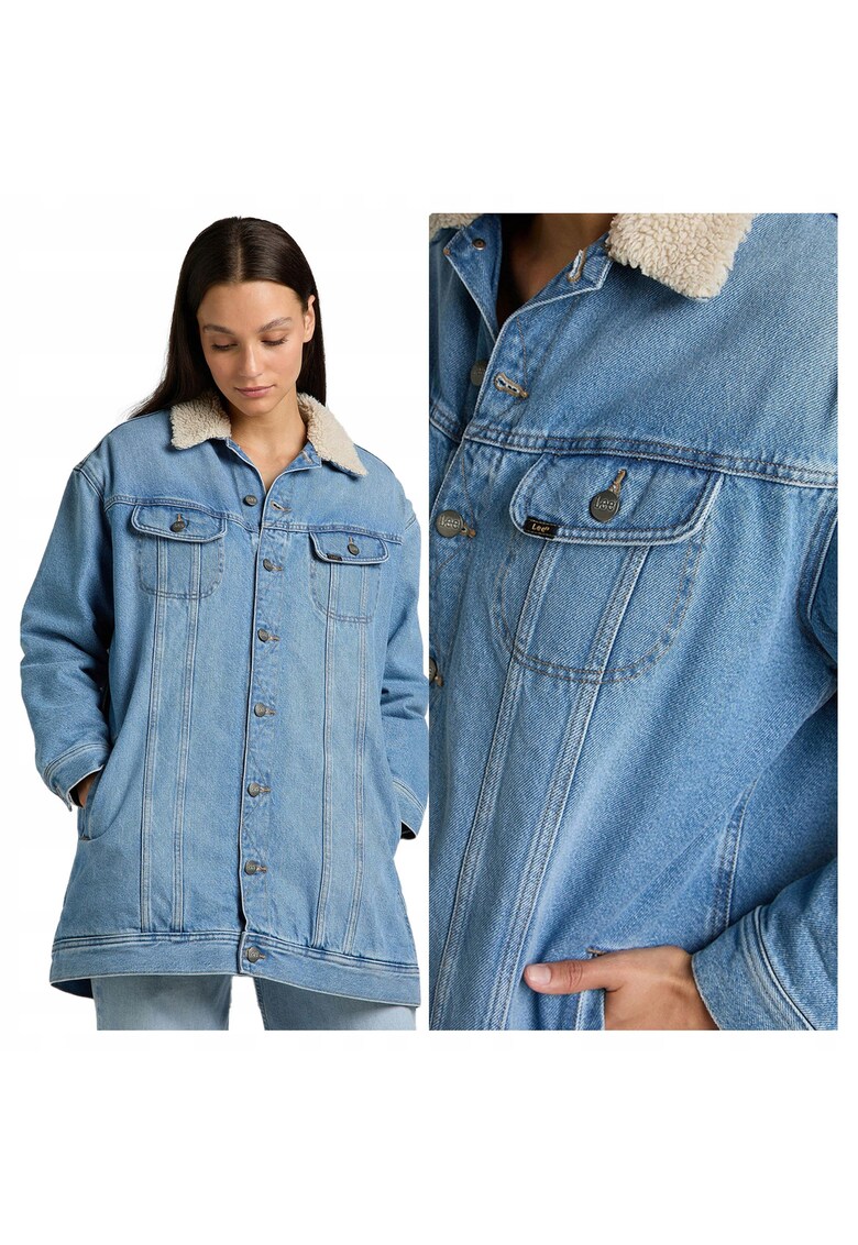 Jacheta Dama - Elongated Sherpa Rider - Regular Fit - Design Clasic - Maneci Lungi - 2 Buzunare - Cu Nasturi - Bumbac - XS INTL - Albastru