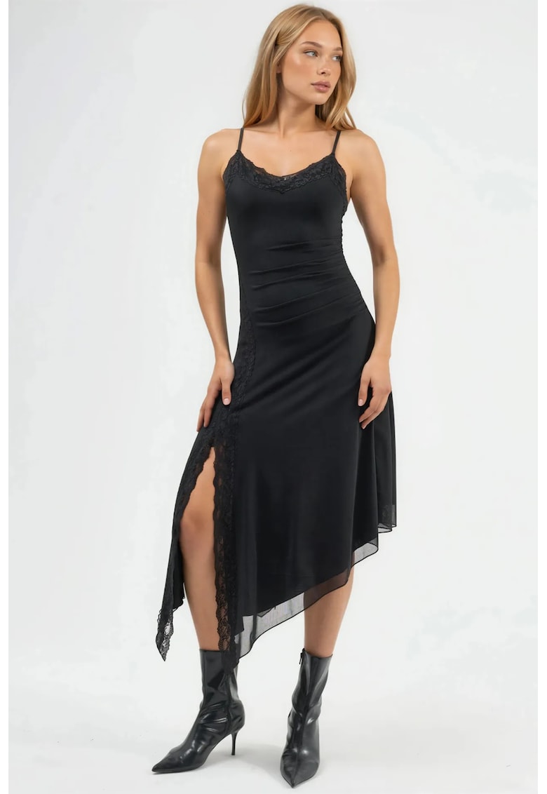 Rochie midi dama - decolteu in V - negru - tricot