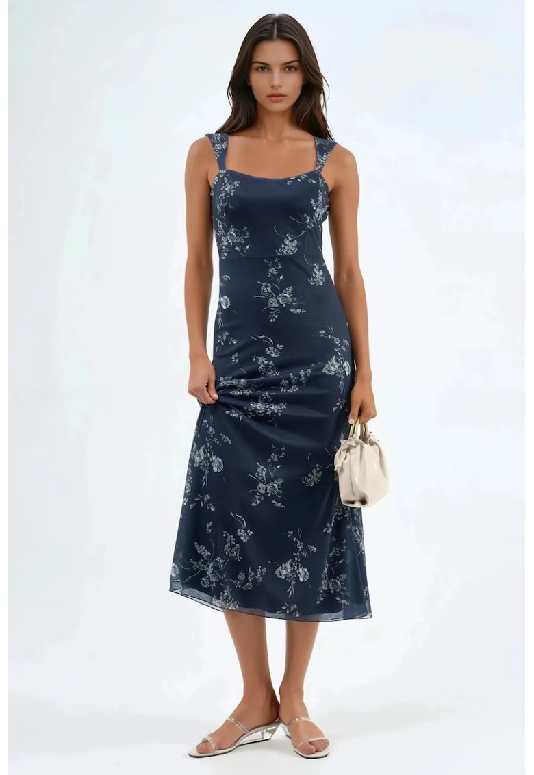 Rochie Midi - Florala - cu Guler Inima - Albastru - poliester/elastan