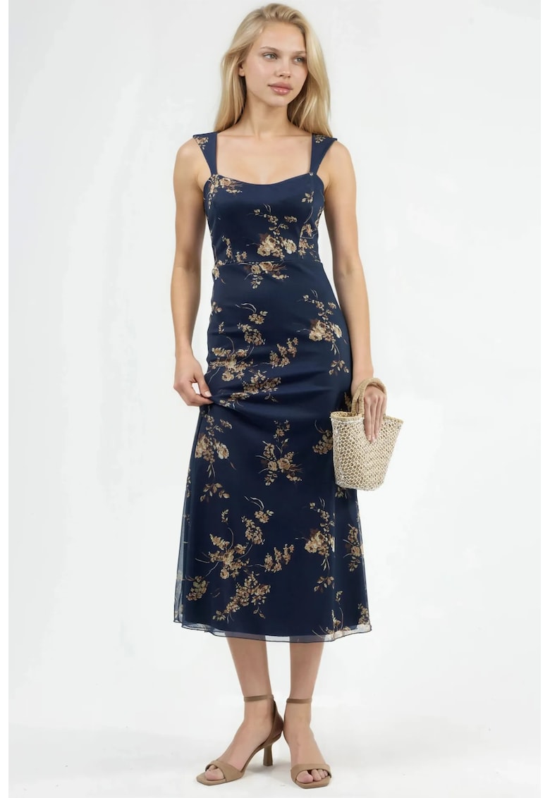 Rochie Midi - Florala - cu Guler Inima - Jerseu - maro/bleumarin