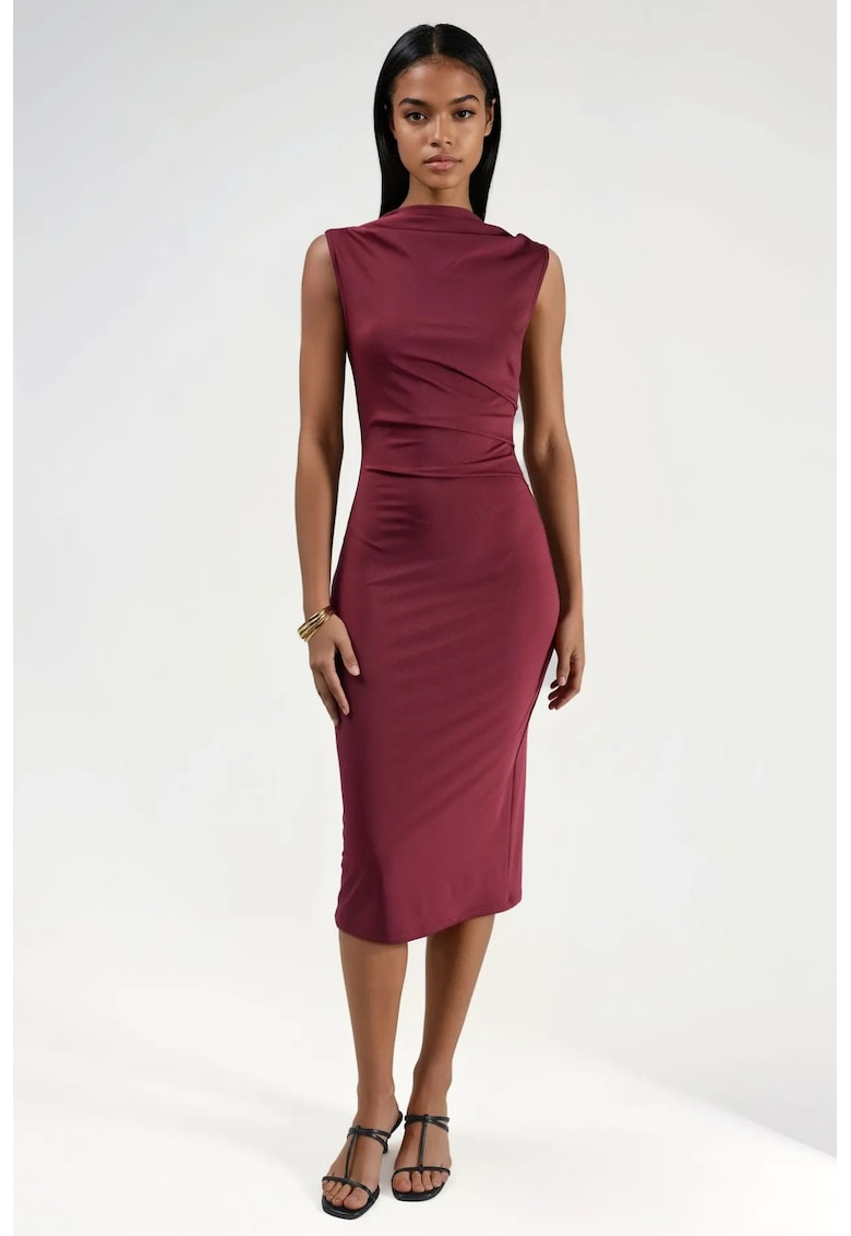 Rochie midi - guler rotund - cu volane - visiniu - jerseu