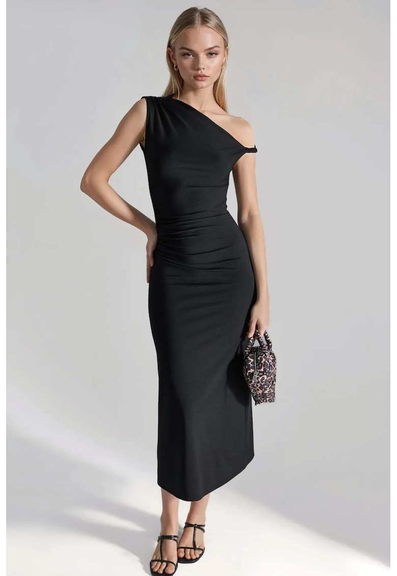 Rochie midi bodycon guler asimetric - neagra - jerseu