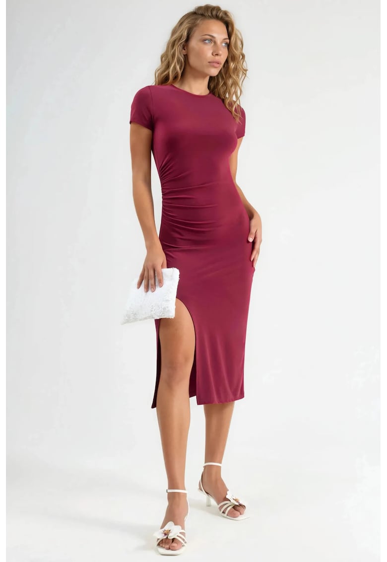 Rochie midi - slim fit - guler rotund - visiniu - jerseu