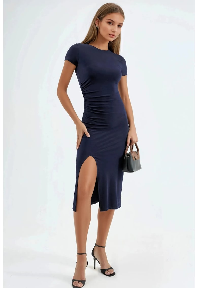 Rochie midi - maneca scurta - detaliata - jerseu - Albastru marin