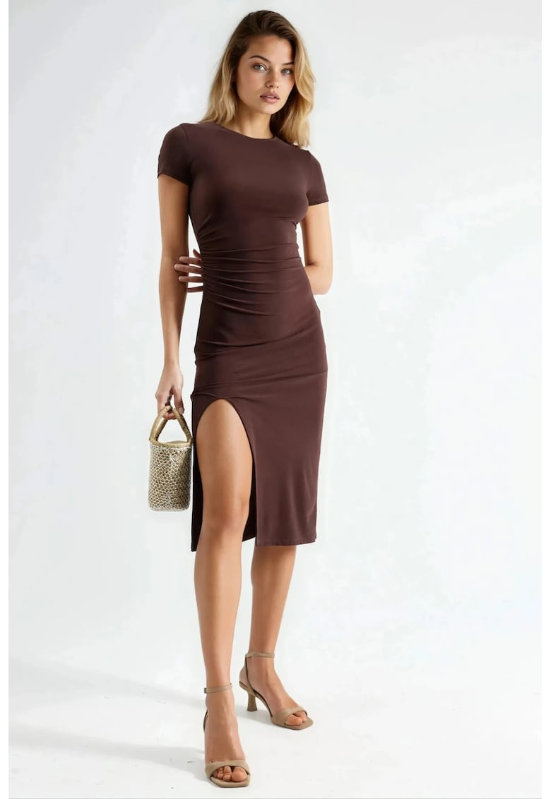 Rochie midi - maneca scurta - detaliata - jerseu - Maro