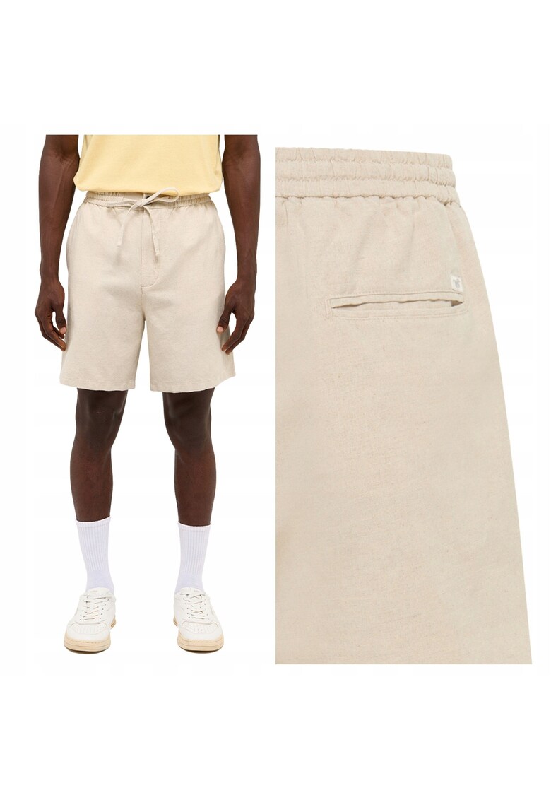 Pantaloni Scurti Barbati - Linen Jogger Shorts - Regular Fit - Lungime Scurta - 5 Buzunare - Talie Medie - Cu Fermoar - Bumbac - 34 USA - Krem