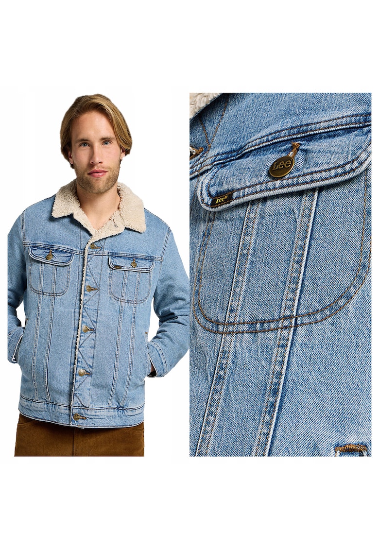 Jacheta Barbati - Sherpa Jacket - Regular Fit - Design Clasic - Maneci Lungi - 2 Buzunare - Cu Nasturi - Bumbac - M INTL - Albastru