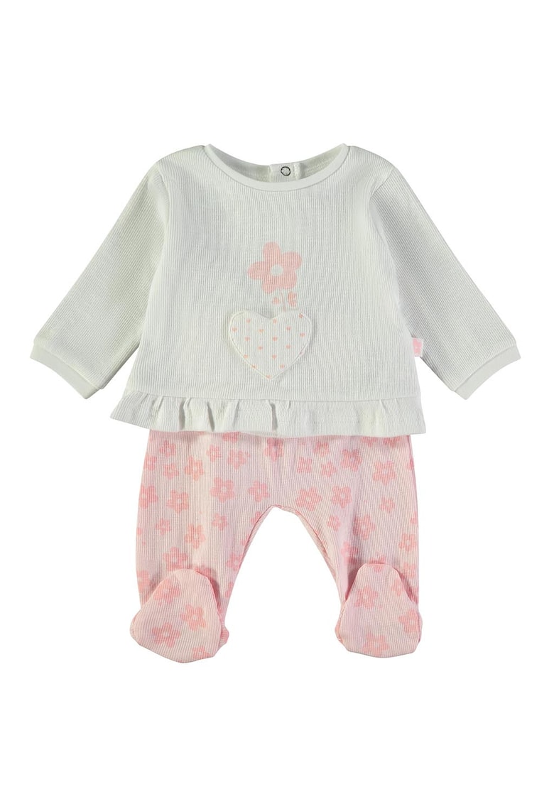 Set de bluza cu imprimeu floral si pantaloni cu botosei - Roz pastel/Gri cenusiu