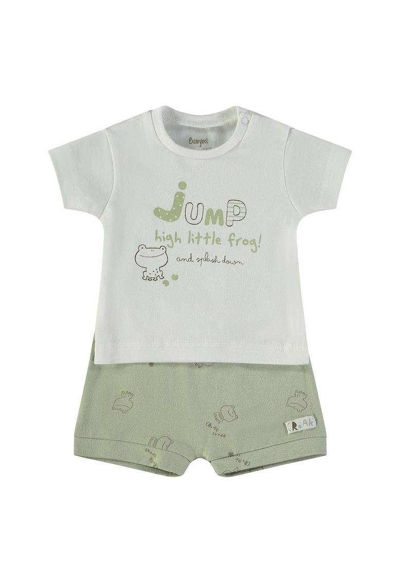 Set de tricou cu imprimeu broaste si pantaloni scurti - Gri deschis/Verde sparanghel