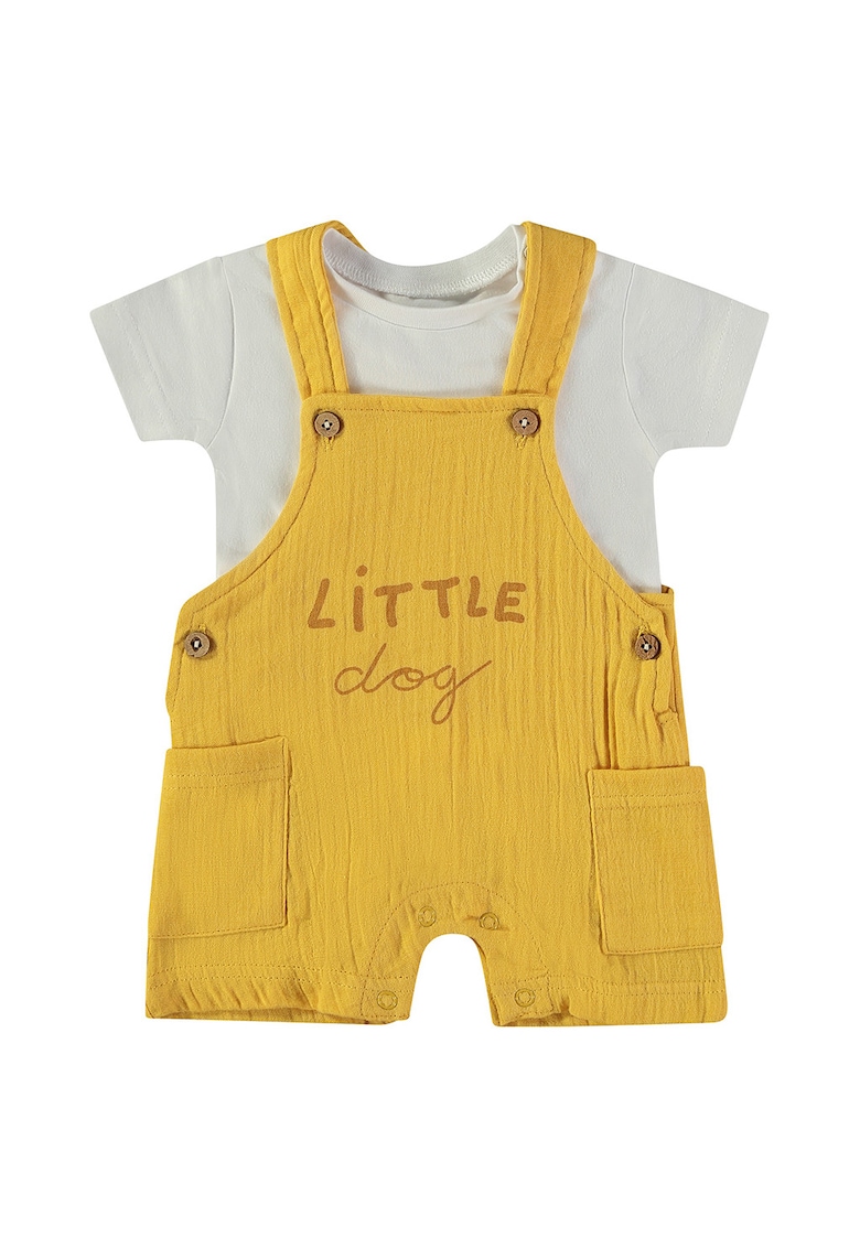 Set de salopeta din bumbac si tricou - Gri deschis/Galben sofran