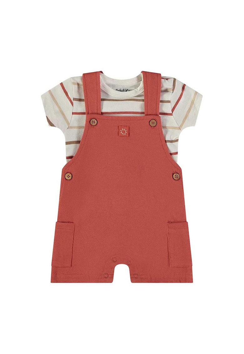 Set de salopeta din bumbac si tricou - Caramiziu/Grej
