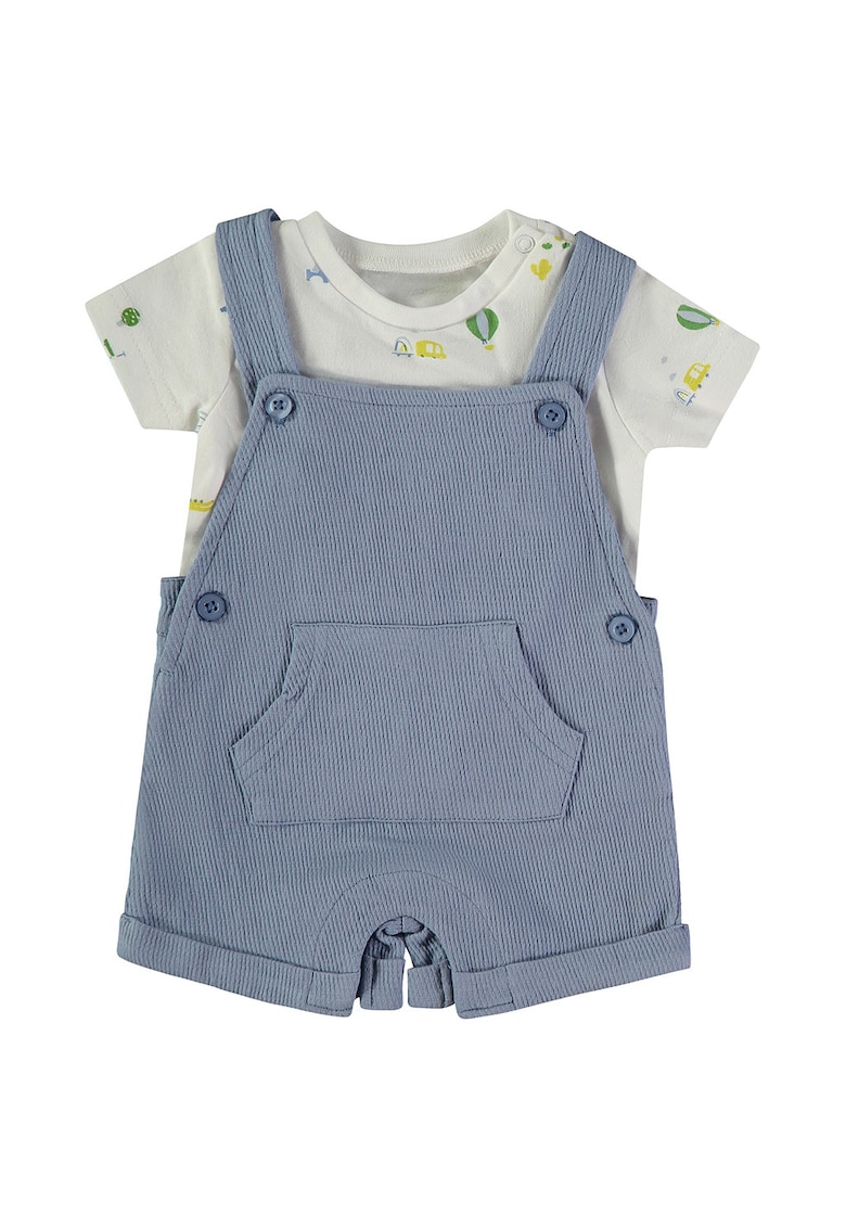 Set de salopeta din bumbac si tricou - Albastru prafuit/Grej