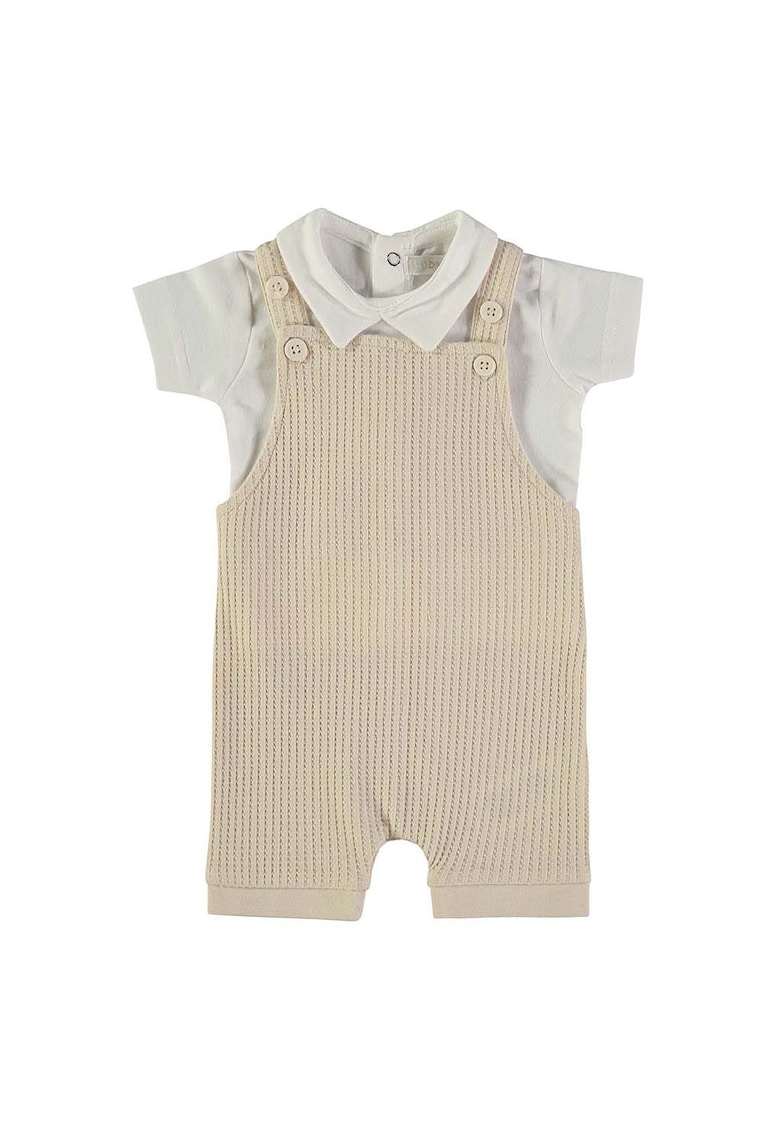 Set de salopeta din bumbac si tricou polo - Gri deschis/Bej inchis