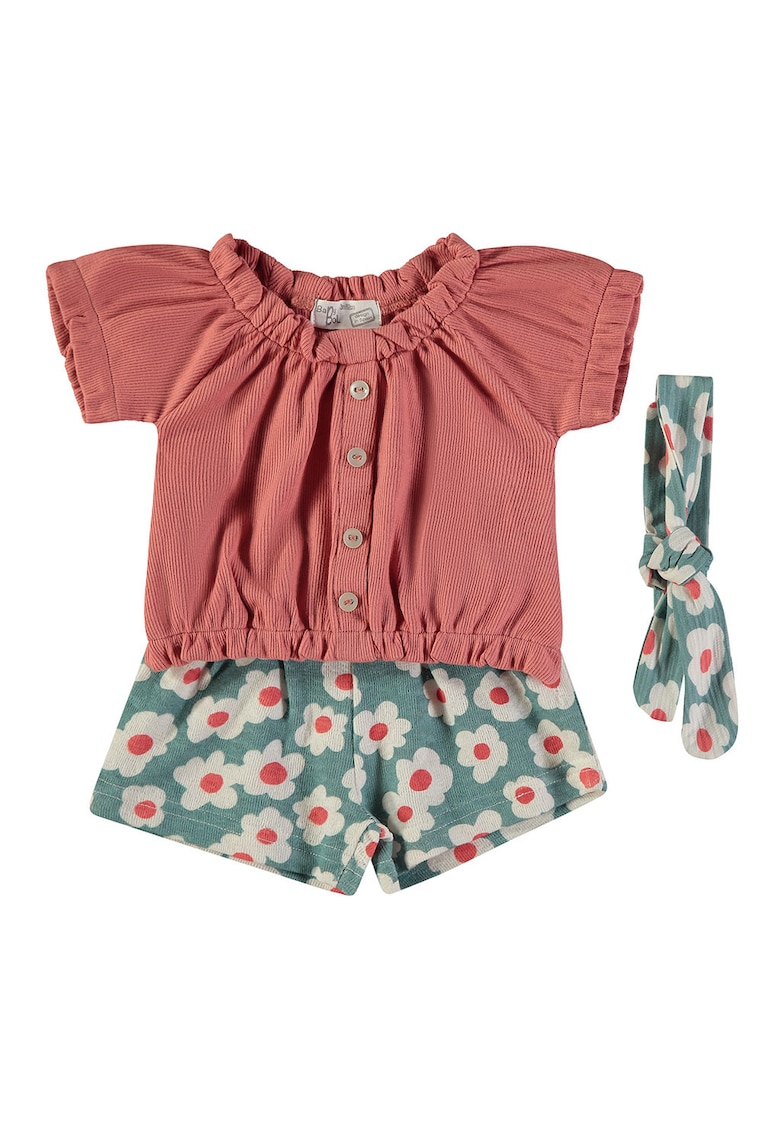 Set de tricou - pantaloni scurti si bentita - Gri verzui/Rosu prafuit