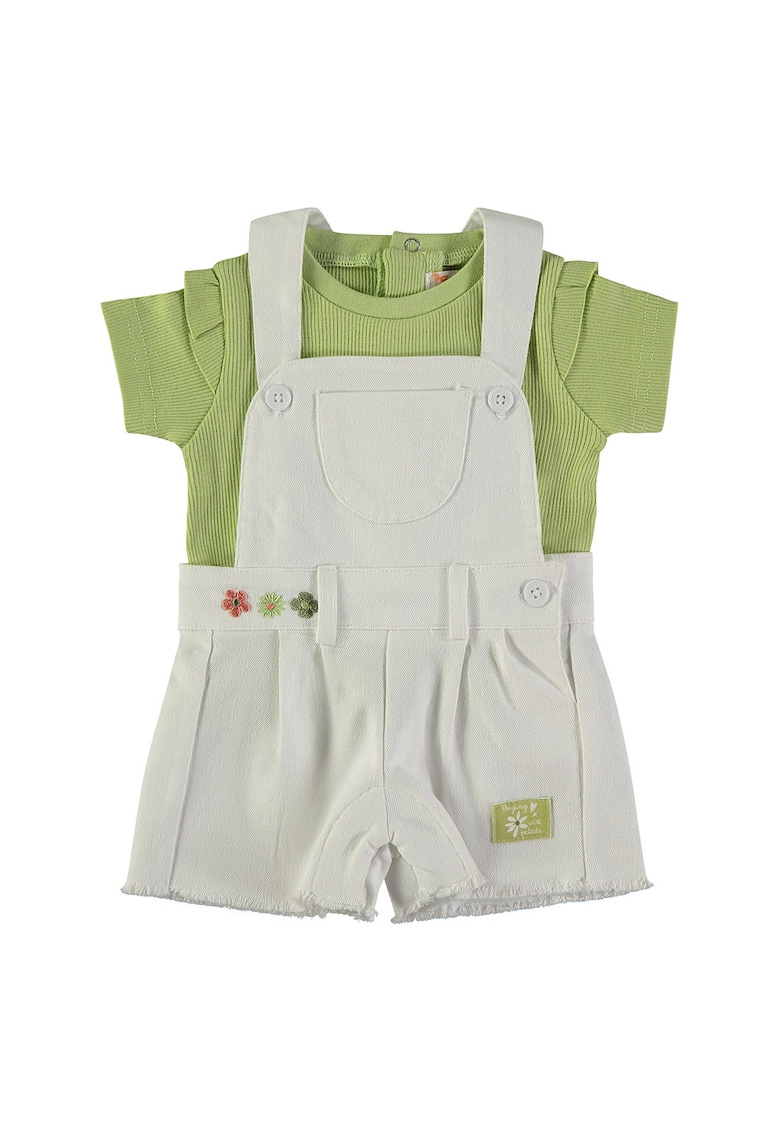Set de salopeta din bumbac si tricou - Gri deschis/Verde masliniu deschis