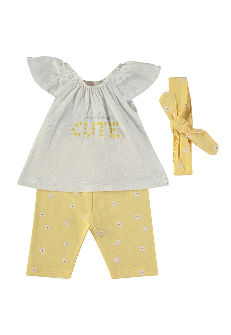 Set de tricou din bumbac si colanti - Gri deschis/Galben deschis