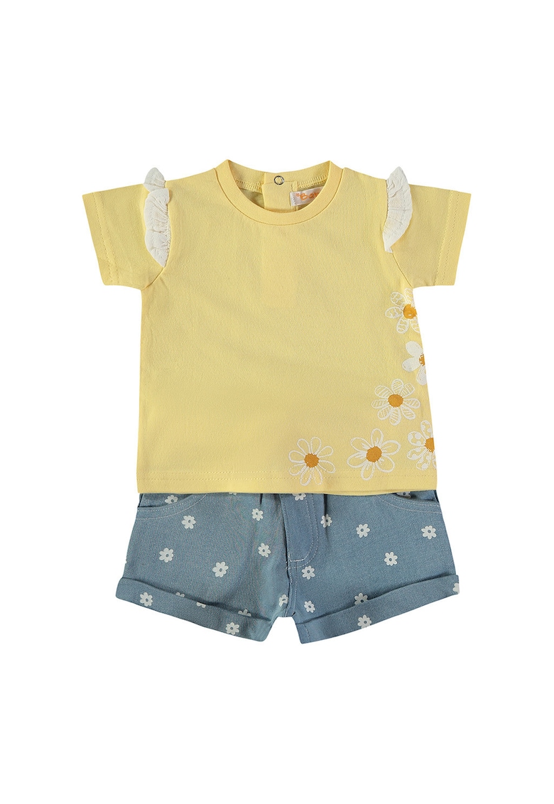 Set de tricou cu imprimeu floral si blugi scurti - Albastru prafuit/Galben deschis
