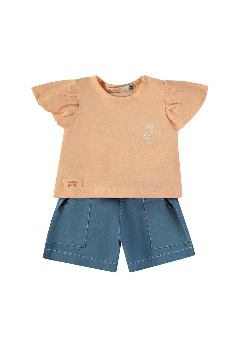 Set de pantaloni scurti din material chambray si tricou - Albastru prafuit/Portocaliu pepene