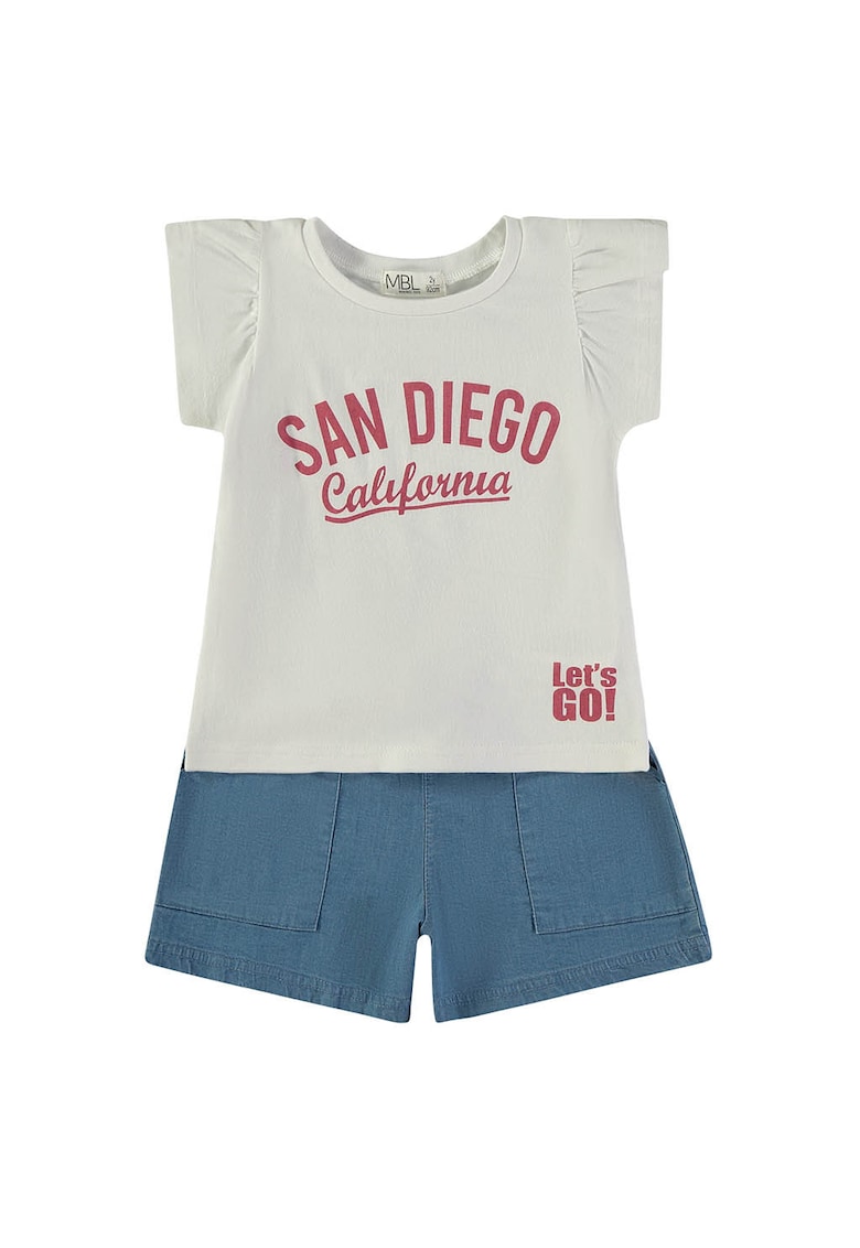 Set de tricou din bumbac si pantaloni scurti cu cordon in talie - Gri deschis/Albastru stins