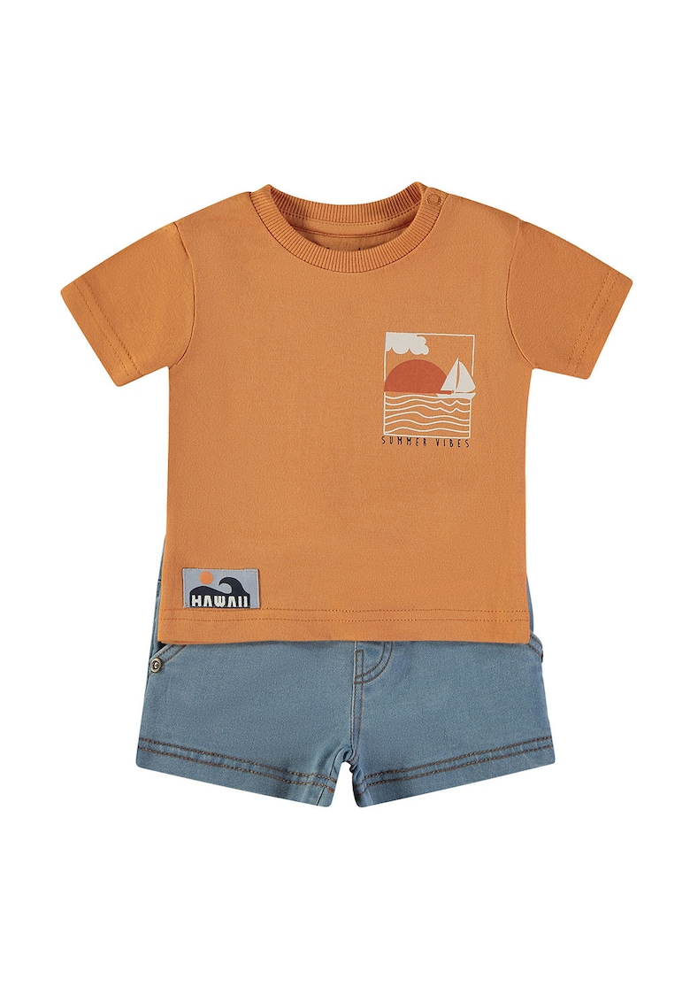Set de tricou cu imprimeu Hawaii si pantaloni scurti cu snur - Portocaliu inchis/Albastru