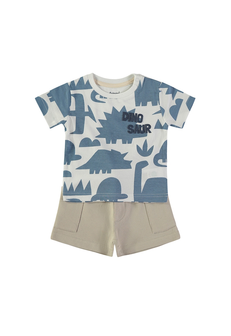 Set de tricou cu imprimeu dinozaur si pantaloni scurti cu snur - Albastru prafuit/Maro nisip