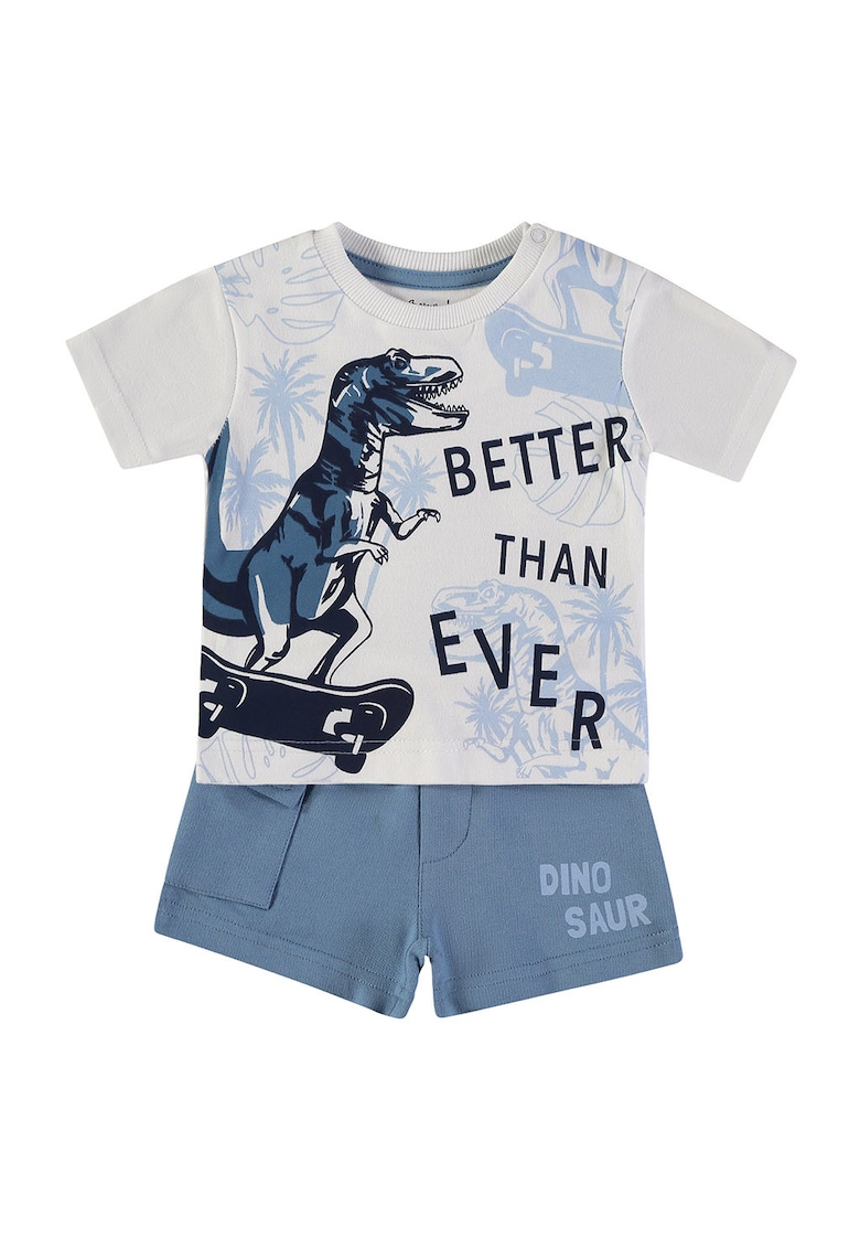 Set de tricou cu imprimeu dinozaur si pantaloni scurti cargo - Gri deschis/Albastru stins