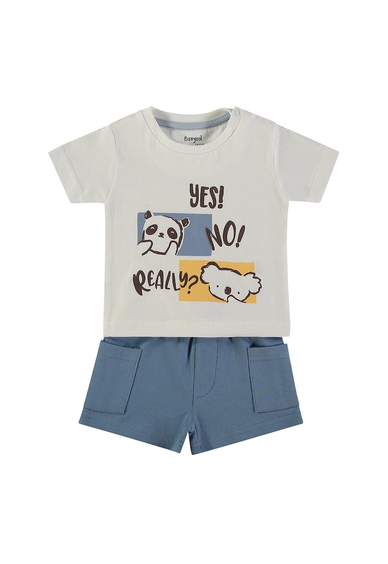 Set de tricou din bumbac cu imprimeu grafic si pantaloni scurti cu snur - Gri deschis/Albastru stins