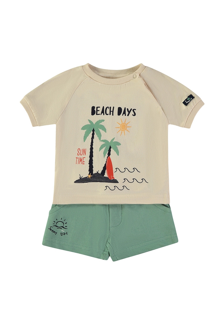 Set de tricou din bumbac si pantaloni scurti cu snur - Bej inchis/Verde sparanghel