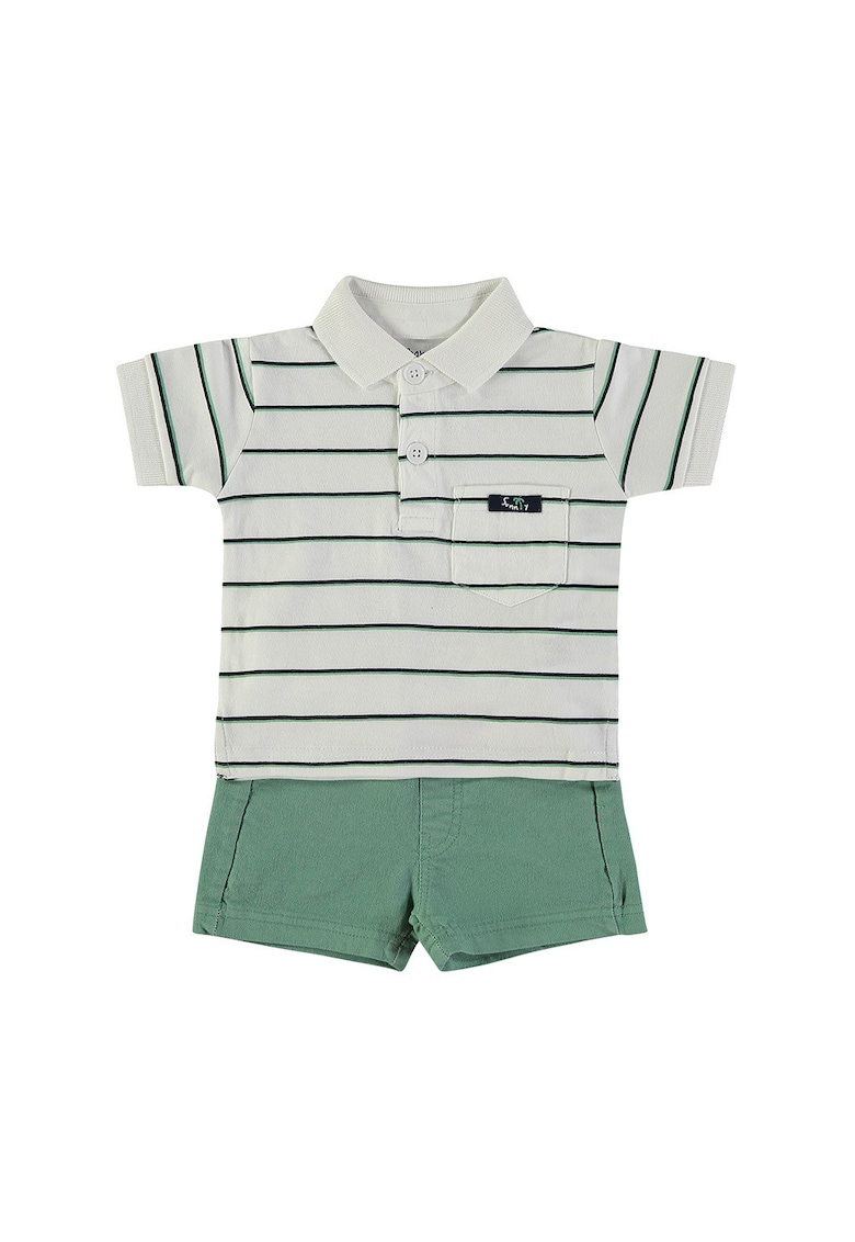 Set de tricou polo din bumbac si pantaloni scurti - Verde sparanghel/Gri marmorat
