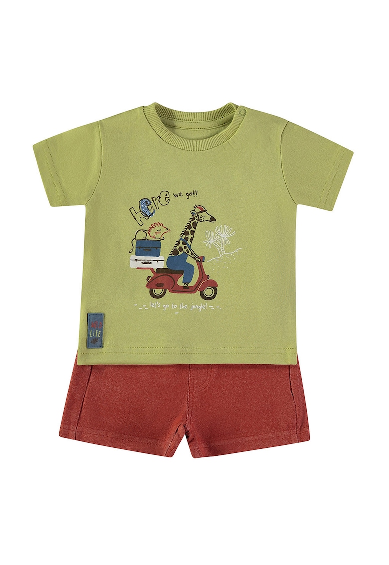 Set de tricou cu imprimeu grafic si blugi scurti - Rosu inchis/Verde masliniu deschis