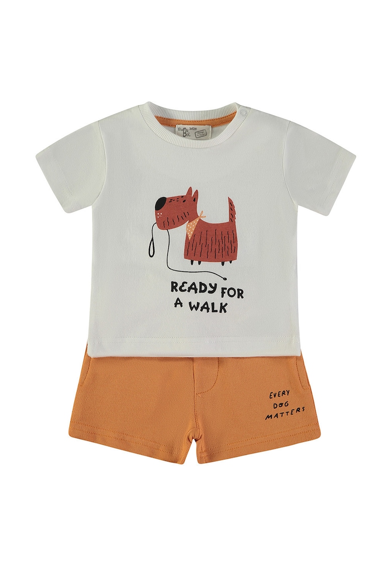 Set de tricou din bumbac si pantaloni scurti cu snur - Gri deschis/Portocaliu mandarina