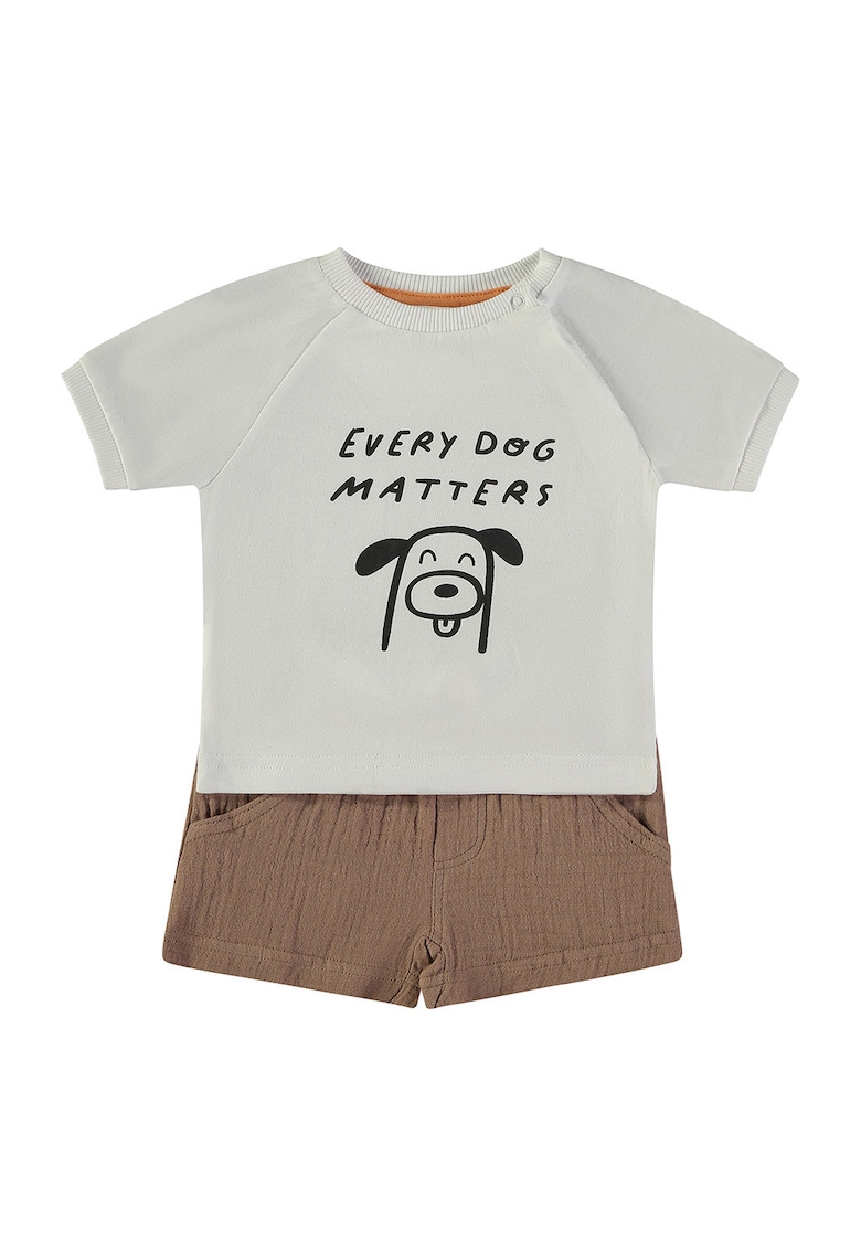 Set de tricou cu imprimeu grafc si pantaloni scurti cu snur - Maro/Gri deschis