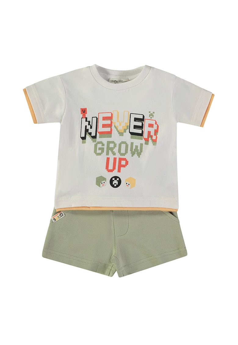 Set de tricou cu imprimeu si pantaloni scurti cu snur - Gri deschis/Kaki