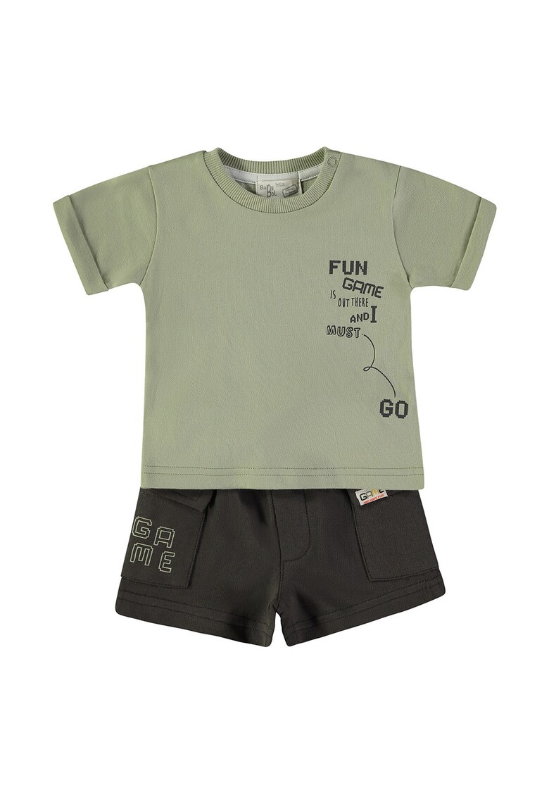 Set de tricou cu imprimeu si pantaloni scurti cargo - Negru stins/Verde sparanghel