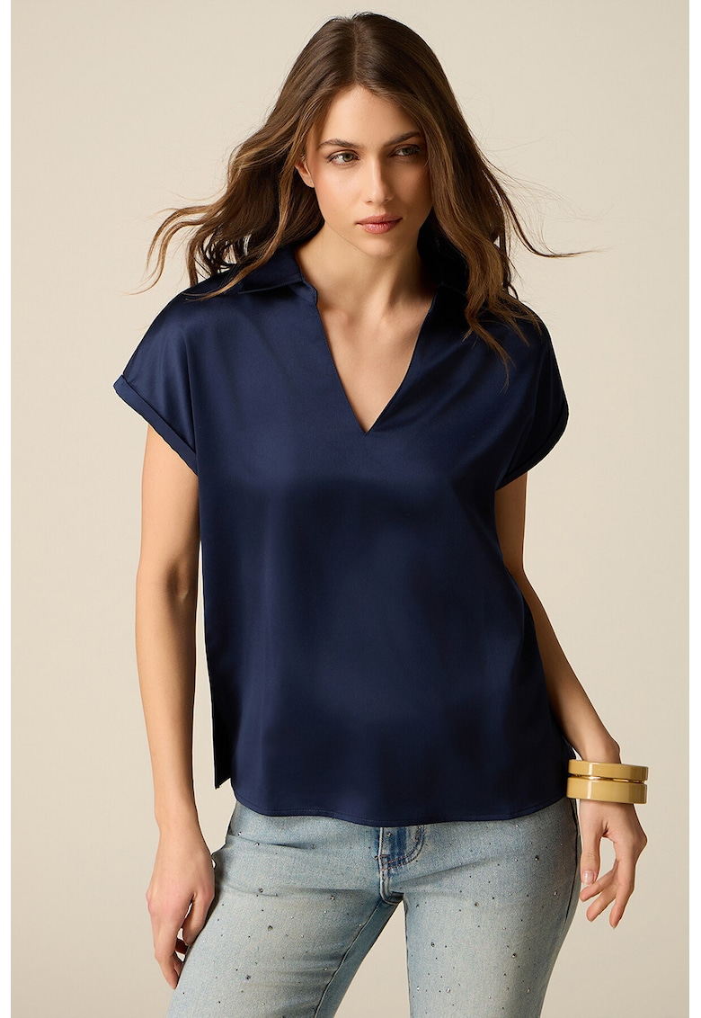 Tricou cu aspect de satin si decolteu in V - Bleumarin