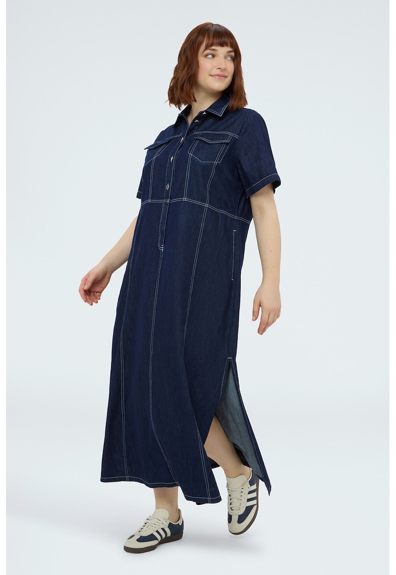 Rochie dreapta din denim cu slituri laterale - Bleumarin