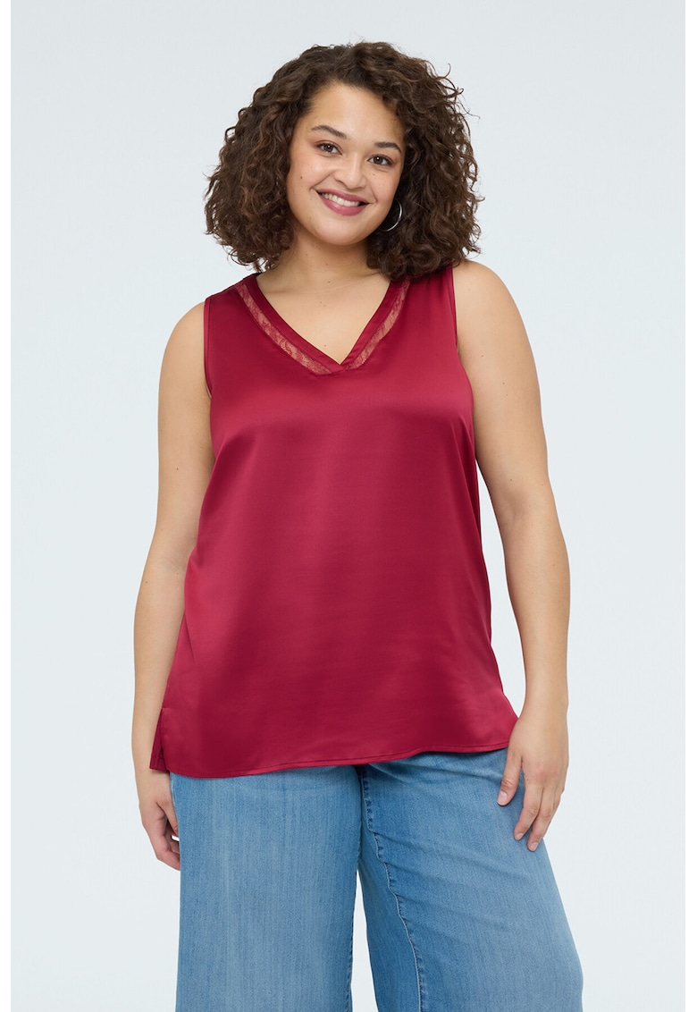 Top cu aspect de satin si insertii din dantela - Rosu
