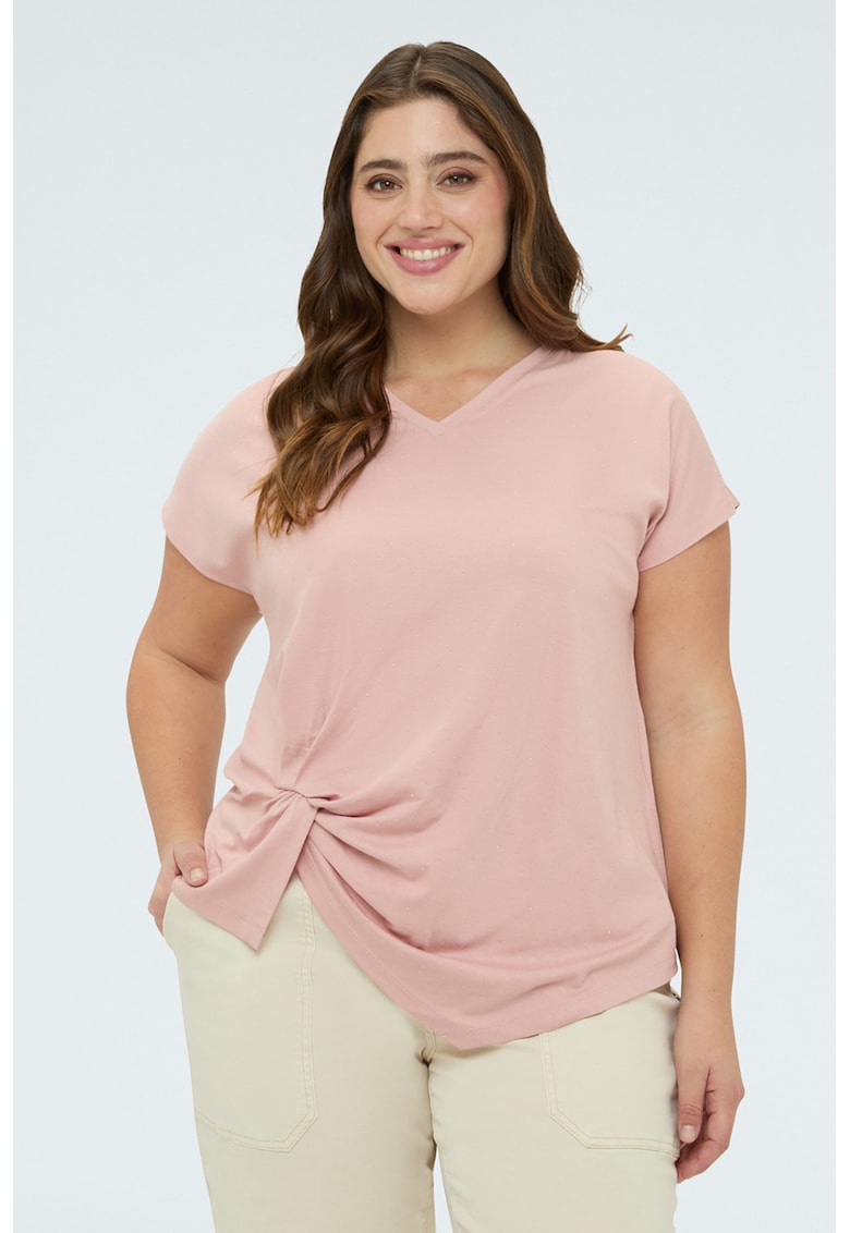 Tricou cu decolteu in V si fronseuri - Roz pastel