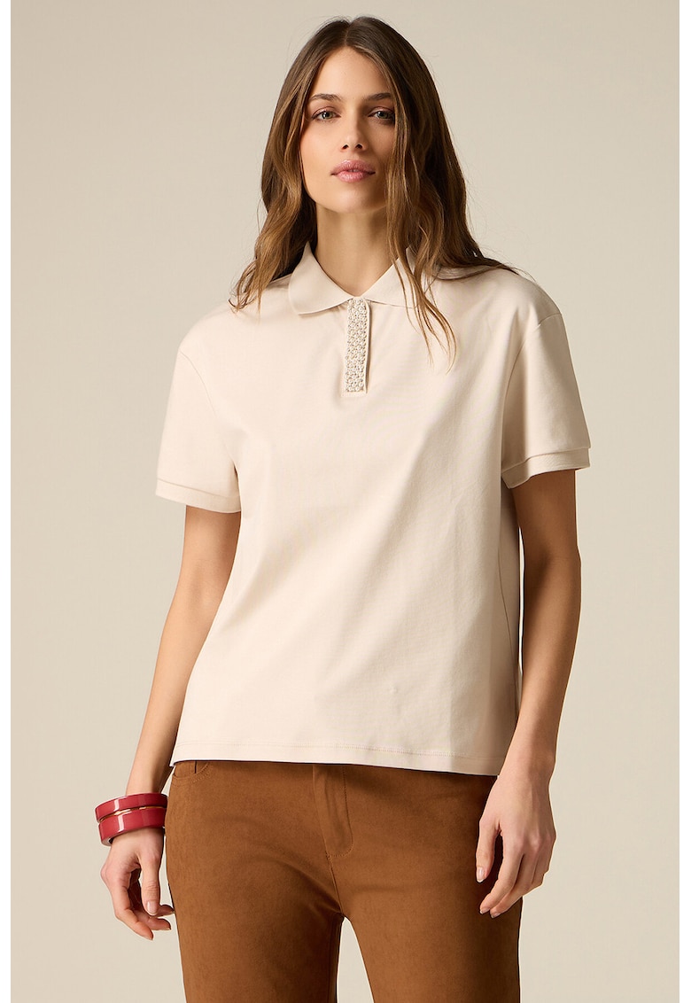 Tricou polo cu aplicatii cu margele - Bej deschis