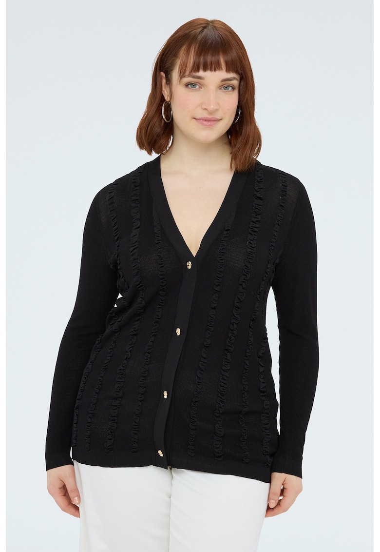 Cardigan cu decolteu in V si detalii texturate - Negru