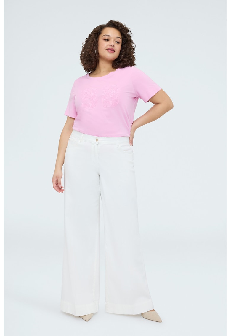 Tricou cu decolteu rotund si design brodat - Roz pastel