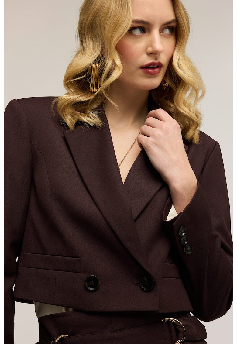 Sacou crop cu buzunare cu refilet - Maro inchis