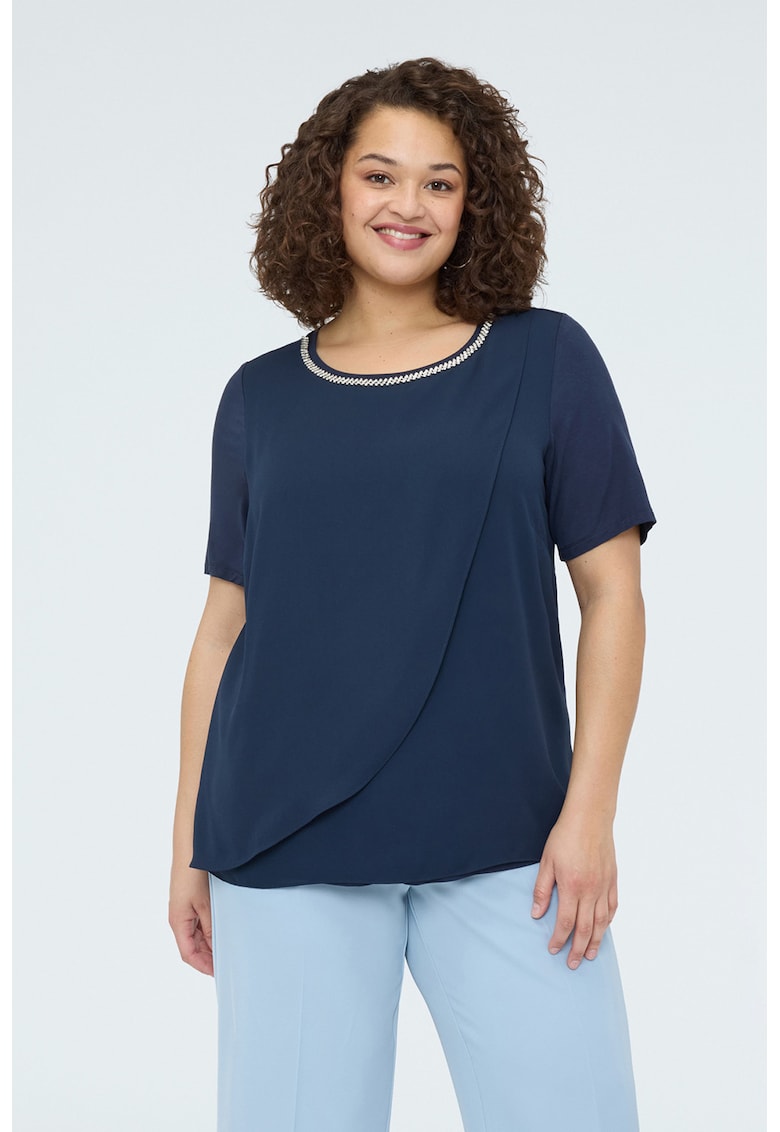 Tricou uni cu decolteu la baza gatului - Albastru inchis/Alb murdar