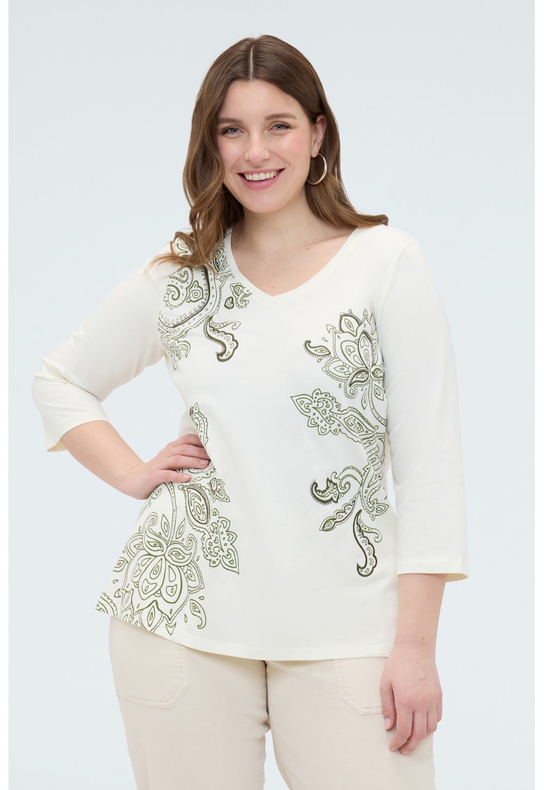 Bluza cu decolteu in V si imprimeu floral - Verde/Bej deschis