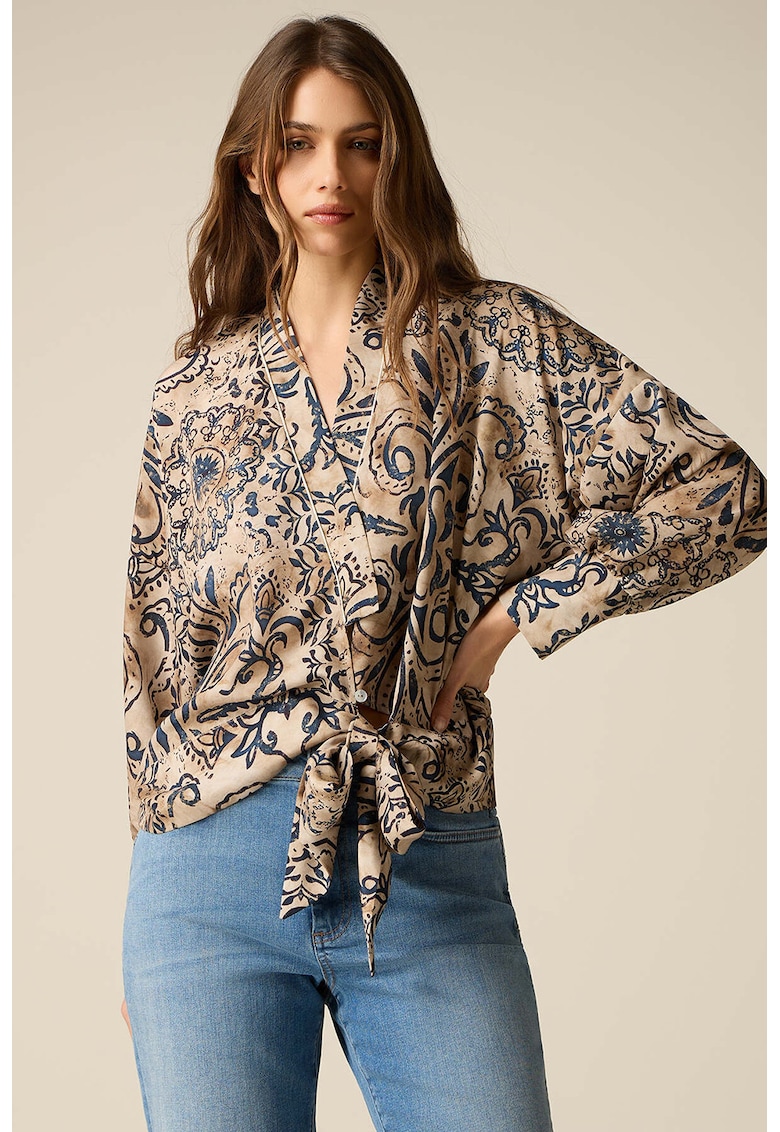Bluza cu decolteu cache-coeur cu prindere snururi - Bej/Bleumarin