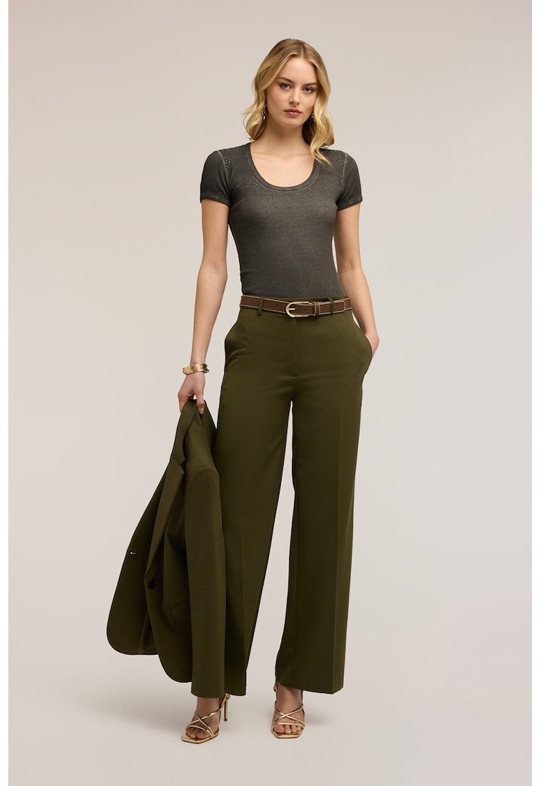 Tricou slim-fit cu aplicatii din strasuri - Kaki inchis