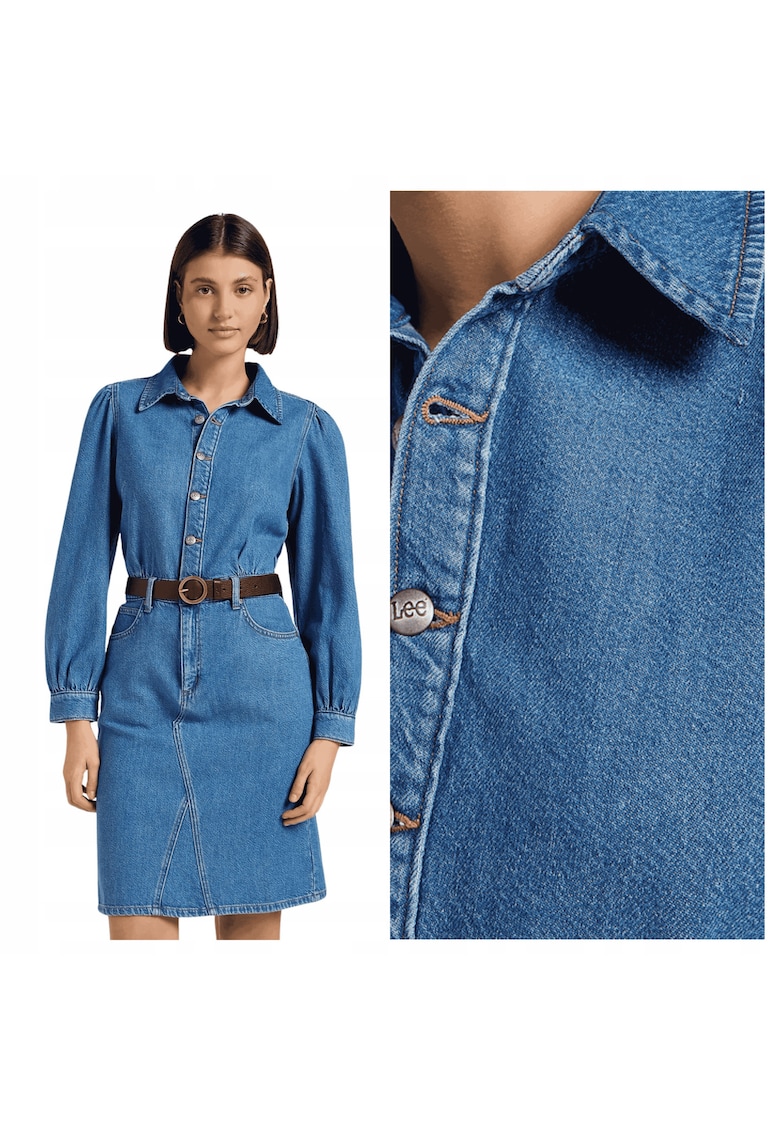 Rochie Dama - Long Sleeve Dress - Regular Fit - Cu Guler - Maneci Lungi - Denim Accent - Nasturi - Bumbac - Albastru - Albastru