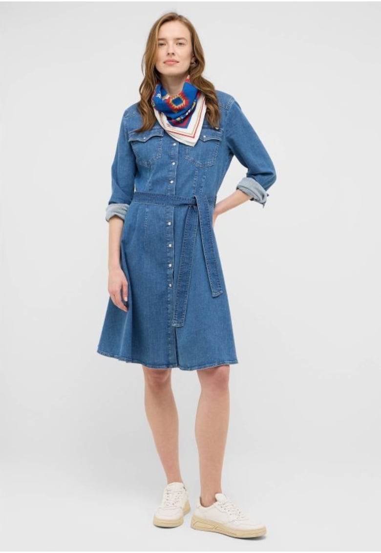 Rochie Dama - Style Elisa Denim Dress - Regular Fit - Cu Guler - Maneci Lungi - Denim Accent - Nasturi - Bumbac - Albastru - Albastru